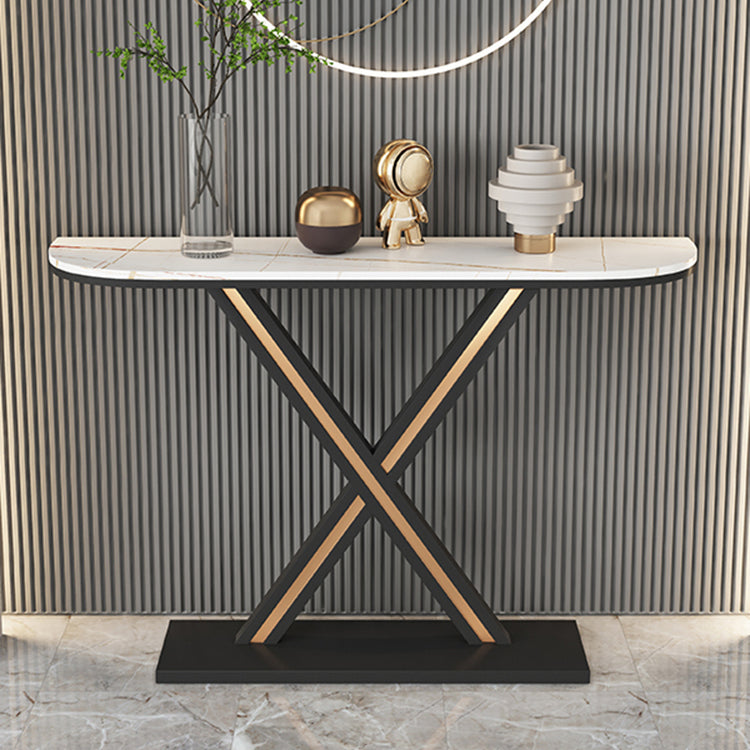 Half Moon Stone Top Accent Table with Black Iron Pedestal Base