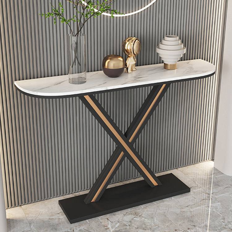 Half Moon Stone Top Accent Table with Black Iron Pedestal Base