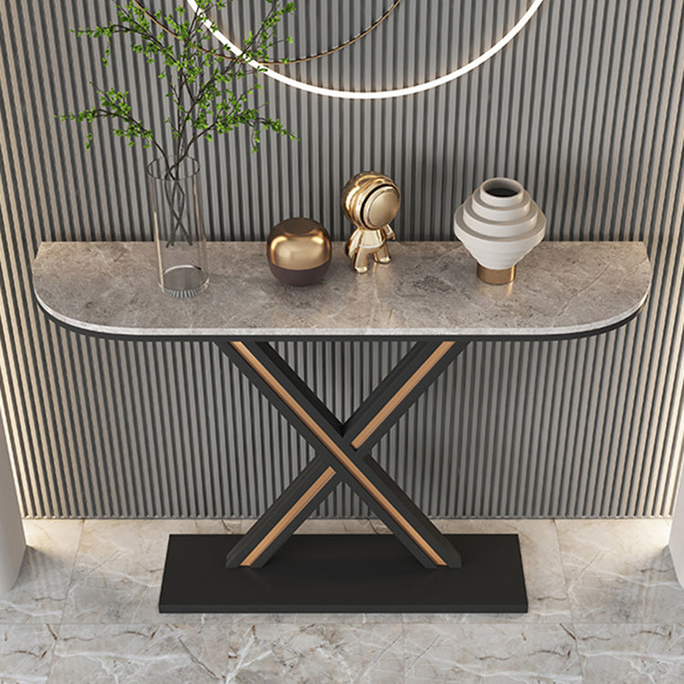 Half Moon Stone Top Accent Table with Black Iron Pedestal Base