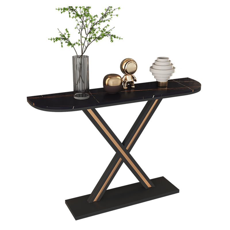 Half Moon Stone Top Accent Table with Black Iron Pedestal Base