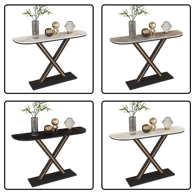 Half Moon Stone Top Accent Table with Black Iron Pedestal Base