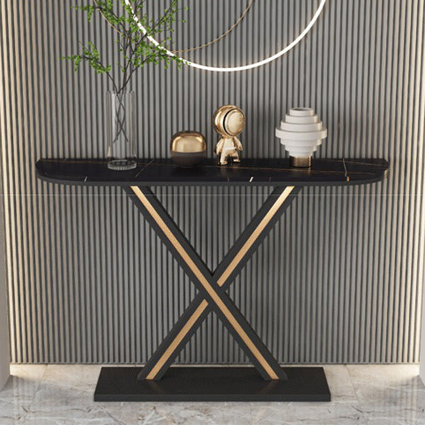 Half Moon Stone Top Accent Table with Black Iron Pedestal Base