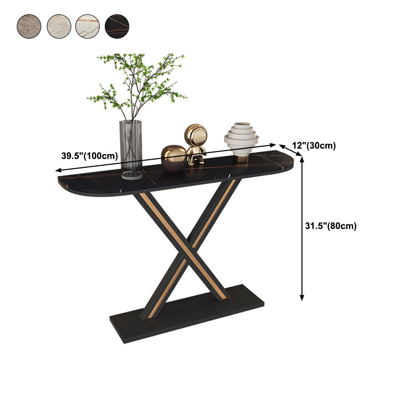 Half Moon Stone Top Accent Table with Black Iron Pedestal Base