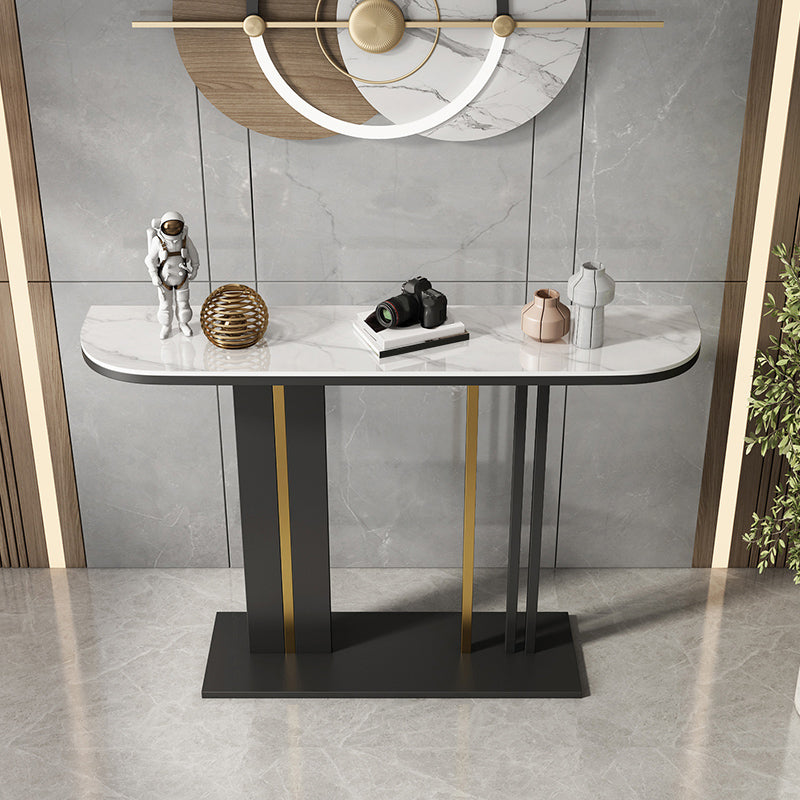 Modern Half Moon Console Table with Stone Top and Iron Pedestal Base