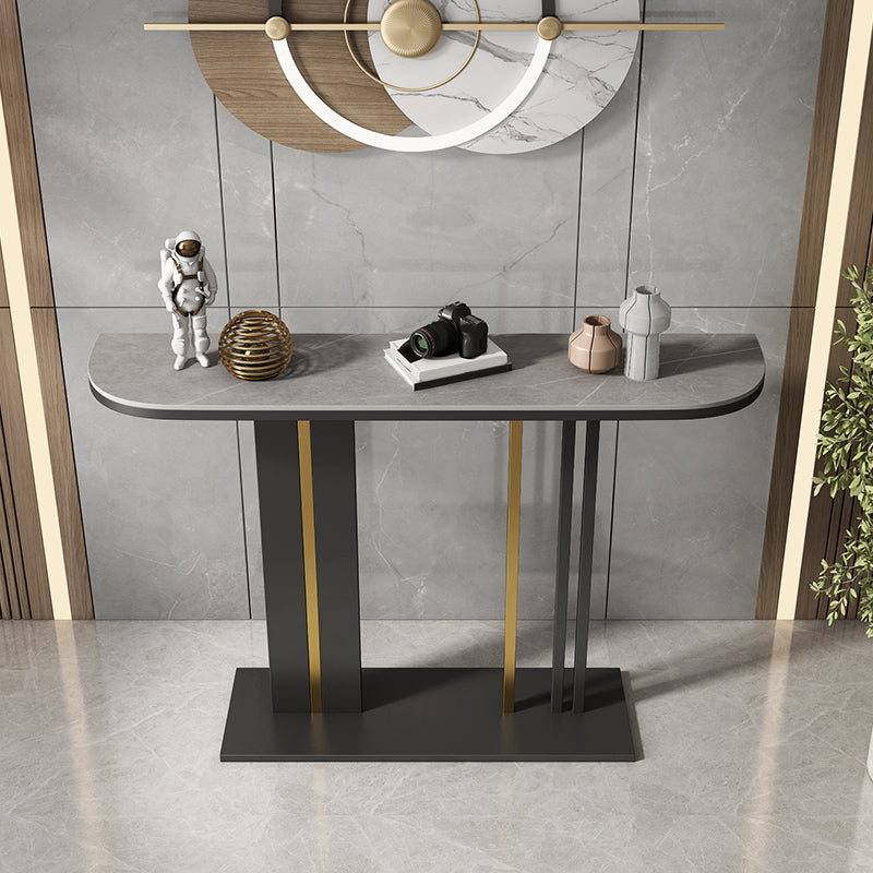 Modern Half Moon Console Table with Stone Top and Iron Pedestal Base