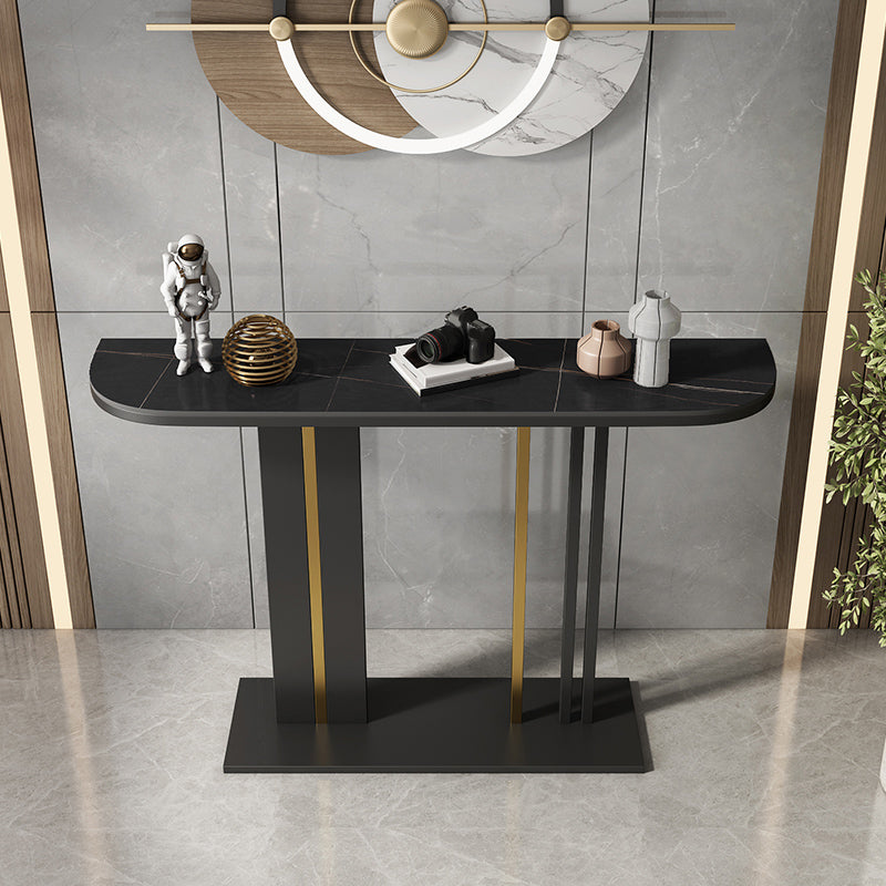 Modern Half Moon Console Table with Stone Top and Iron Pedestal Base