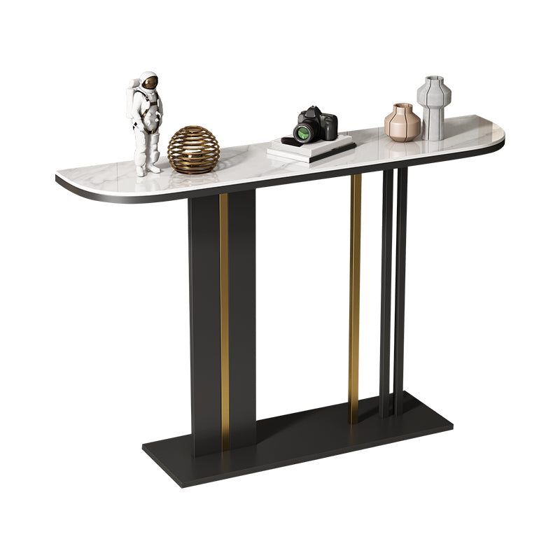 Modern Half Moon Console Table with Stone Top and Iron Pedestal Base