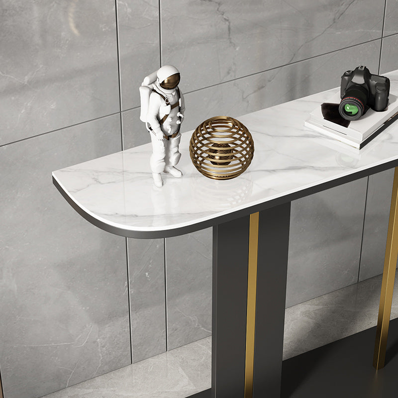 Modern Half Moon Console Table with Stone Top and Iron Pedestal Base