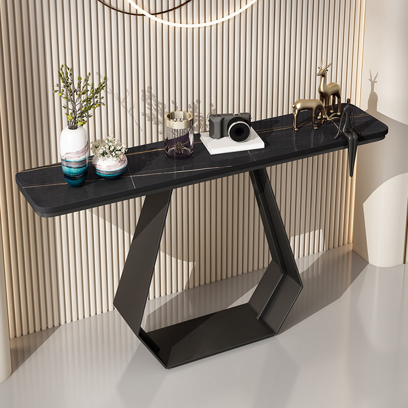 Glam Style Rectangle Top Accent Table with Iron Base and Stone Top