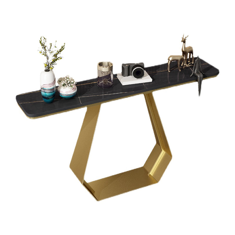 Glam Style Rectangle Top Accent Table with Iron Base and Stone Top