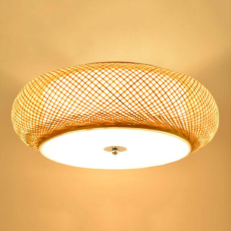 Asian Bamboo Flush Mount Lighting Rounded Drum Ceiling Lamp for Living Room