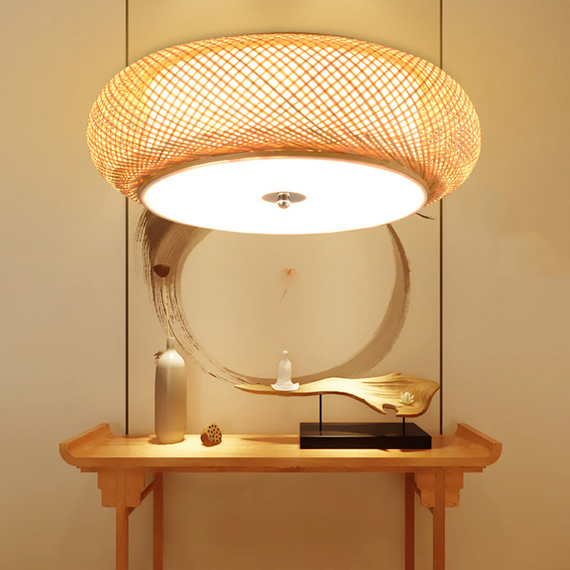 Asian Bamboo Flush Mount Lighting Rounded Drum Ceiling Lamp for Living Room
