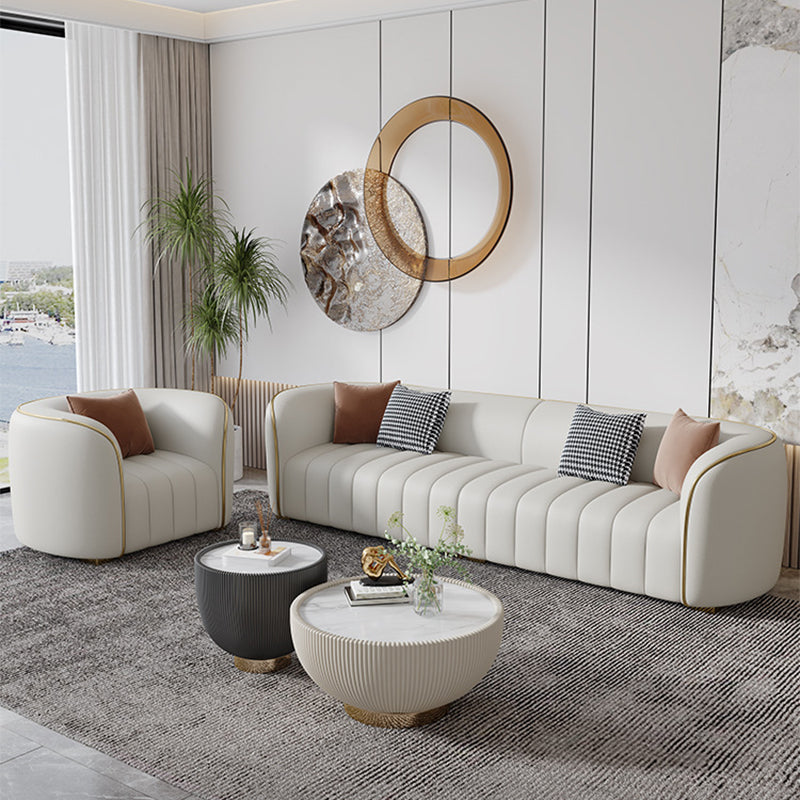 Genuine Leather Sloped Arm Sofa Modern Beige Sofa with Pillows