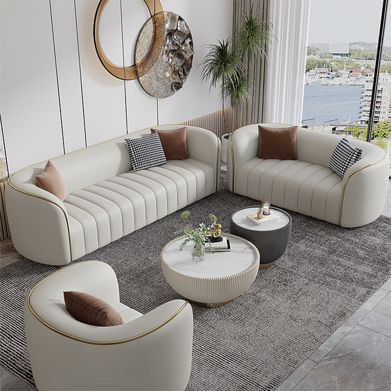Genuine Leather Sloped Arm Sofa Modern Beige Sofa with Pillows