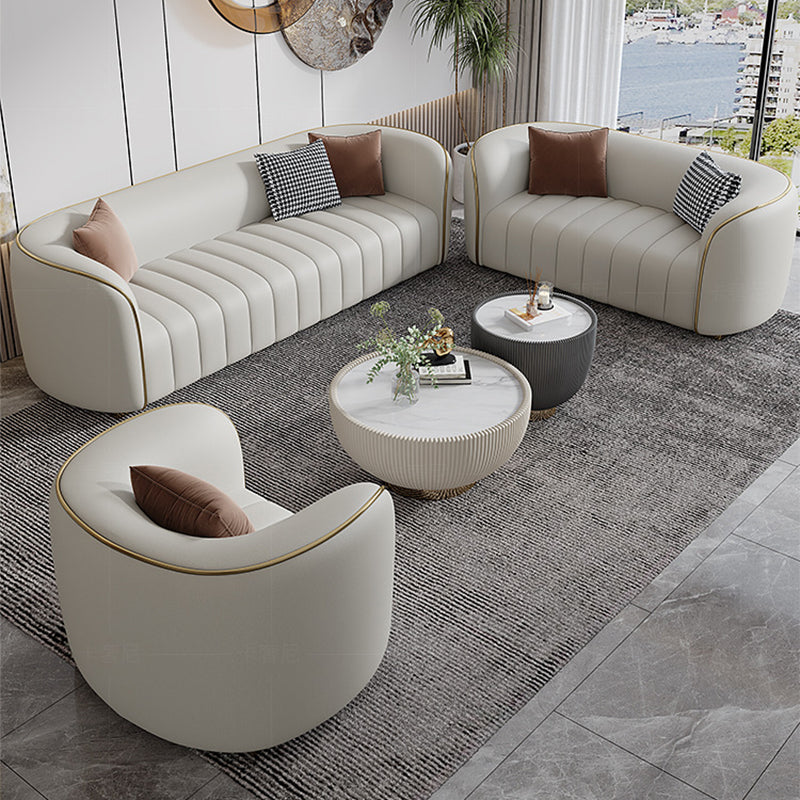 Genuine Leather Sloped Arm Sofa Modern Beige Sofa with Pillows