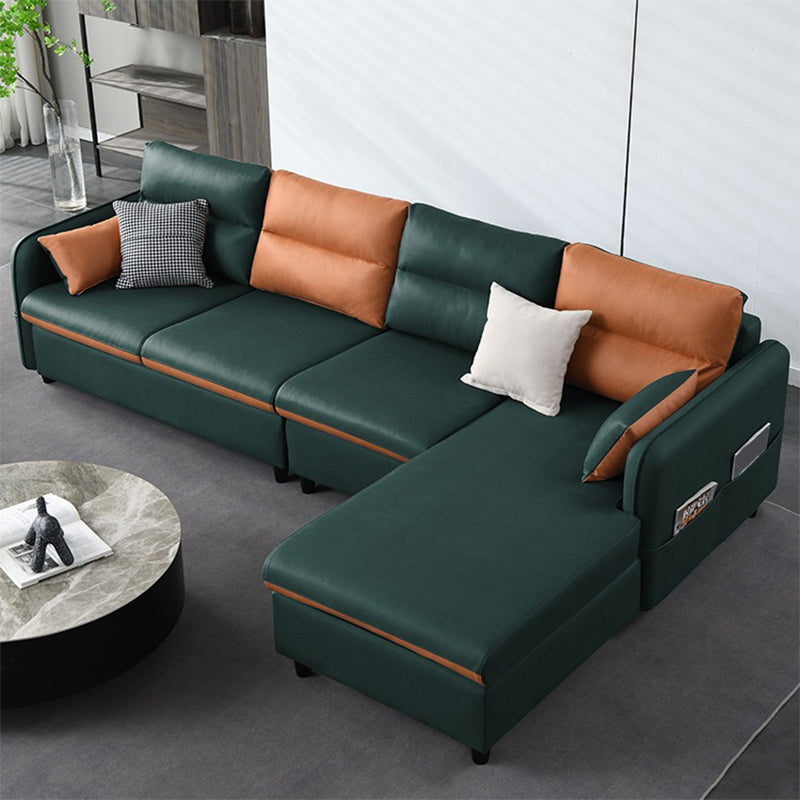 Faux Leather Sectional with 4 Pillows Back and Storage Arms for Living Room