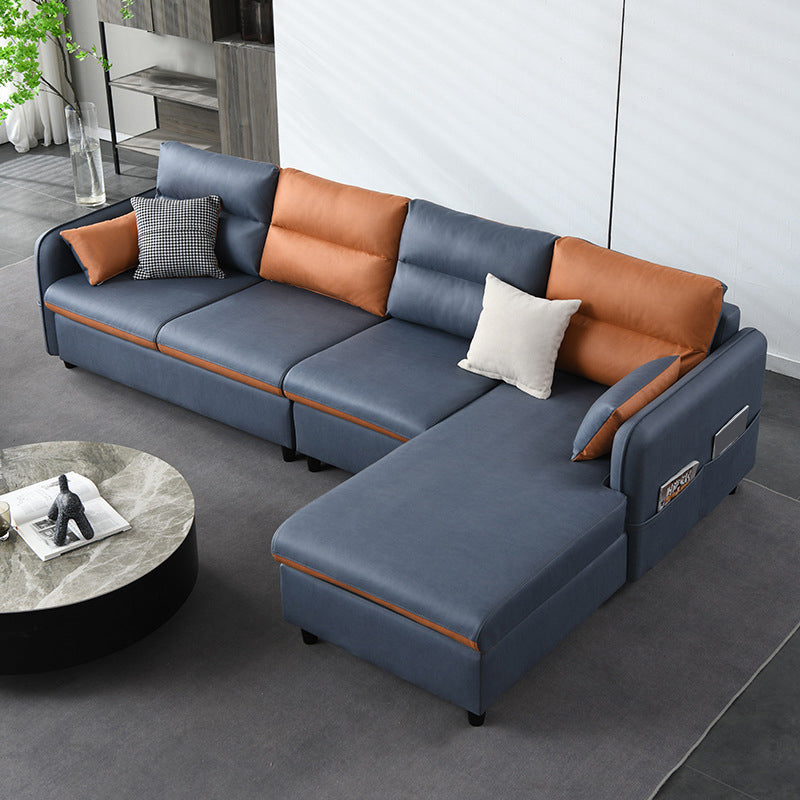 Faux Leather Sectional with 4 Pillows Back and Storage Arms for Living Room