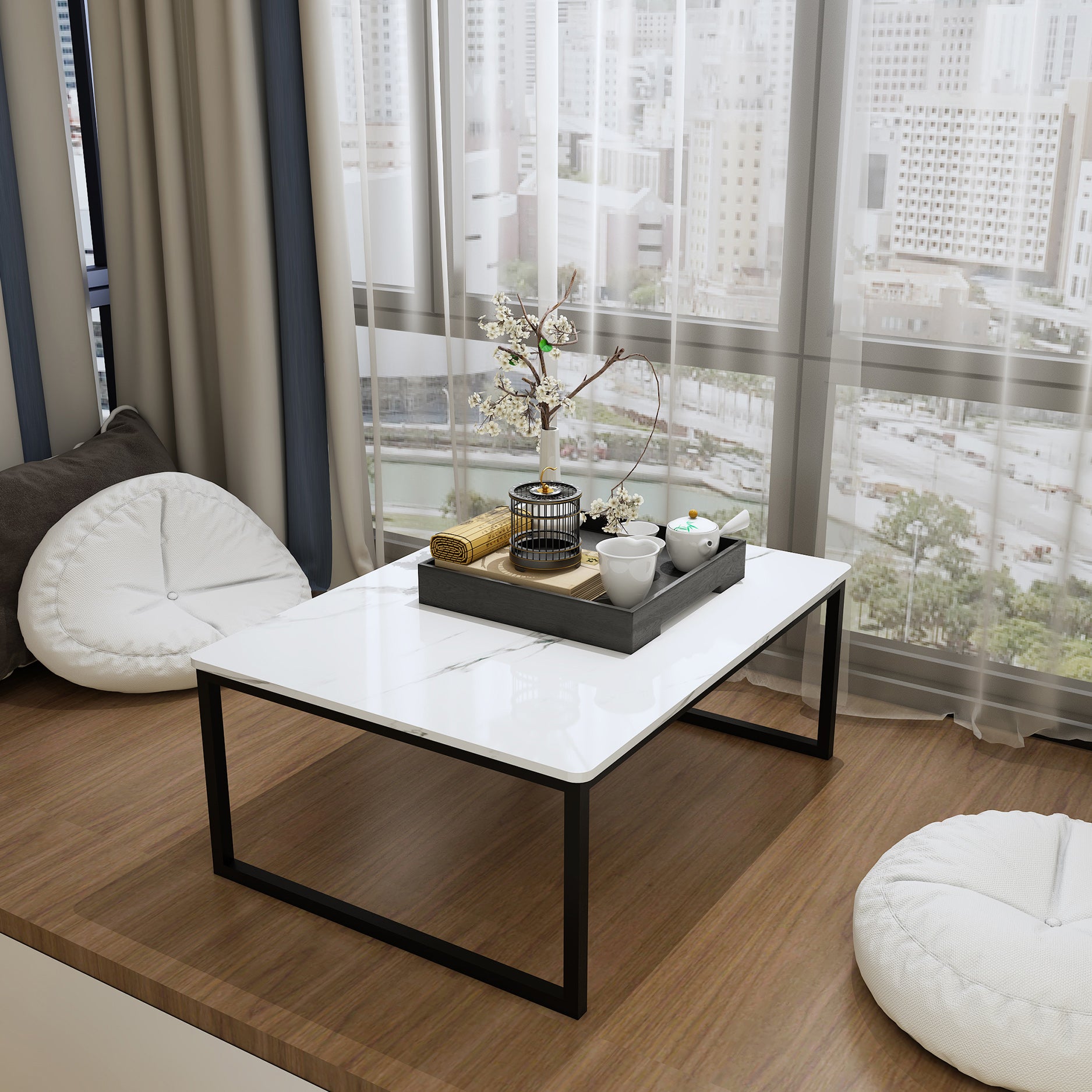 Glam Sled Coffee Table Set Slate Rectangular Coffee Table for Home