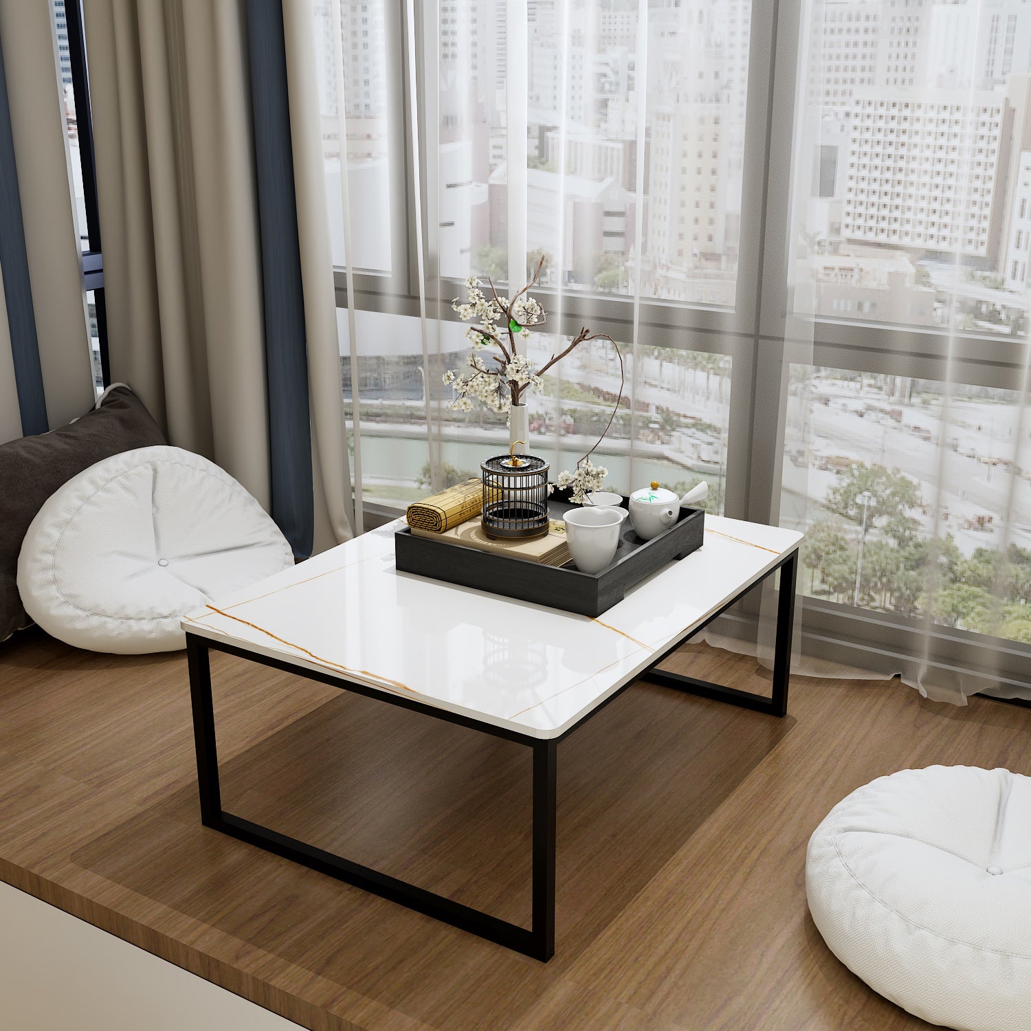 Glam Sled Coffee Table Set Slate Rectangular Coffee Table for Home