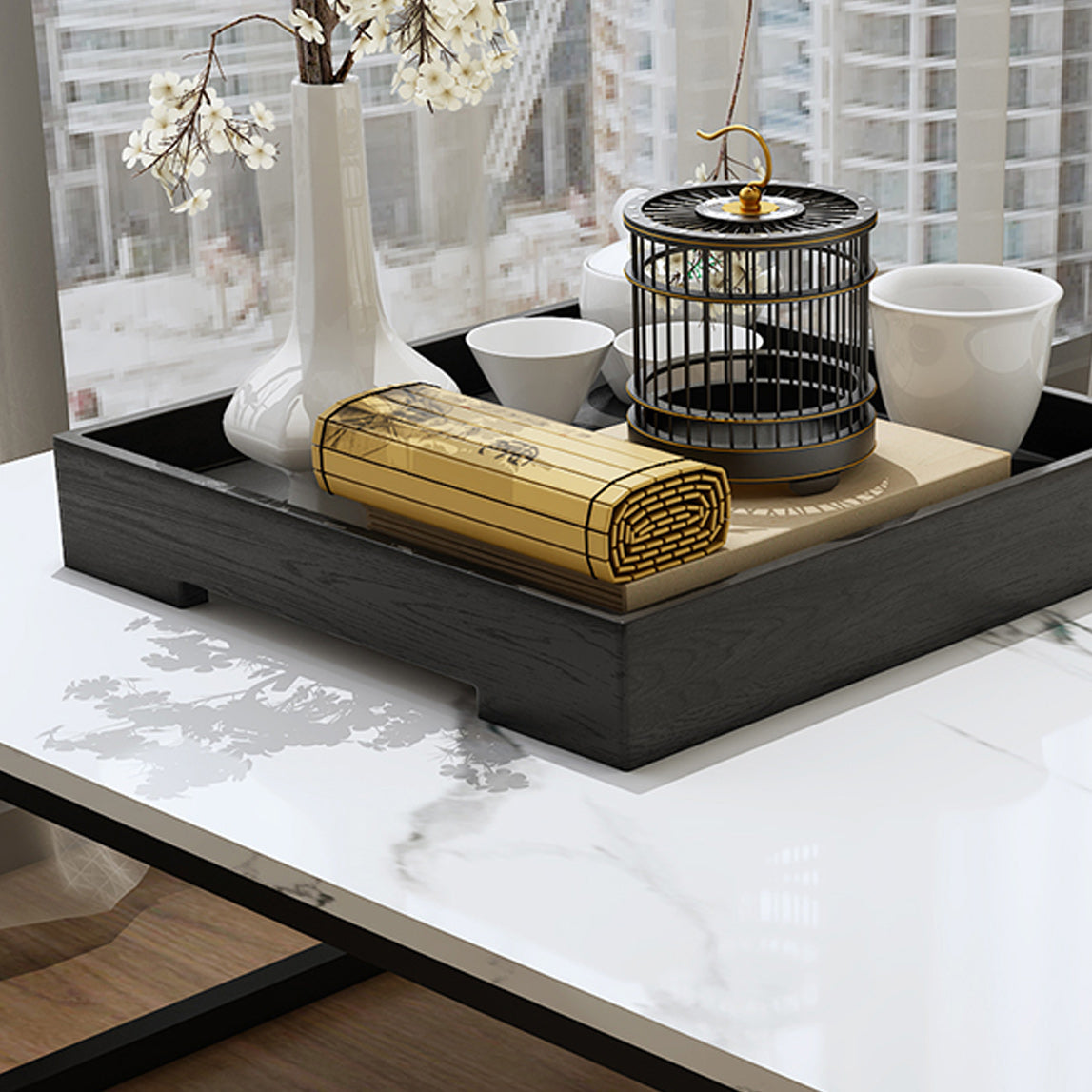 Glam Sled Coffee Table Set Slate Rectangular Coffee Table for Home