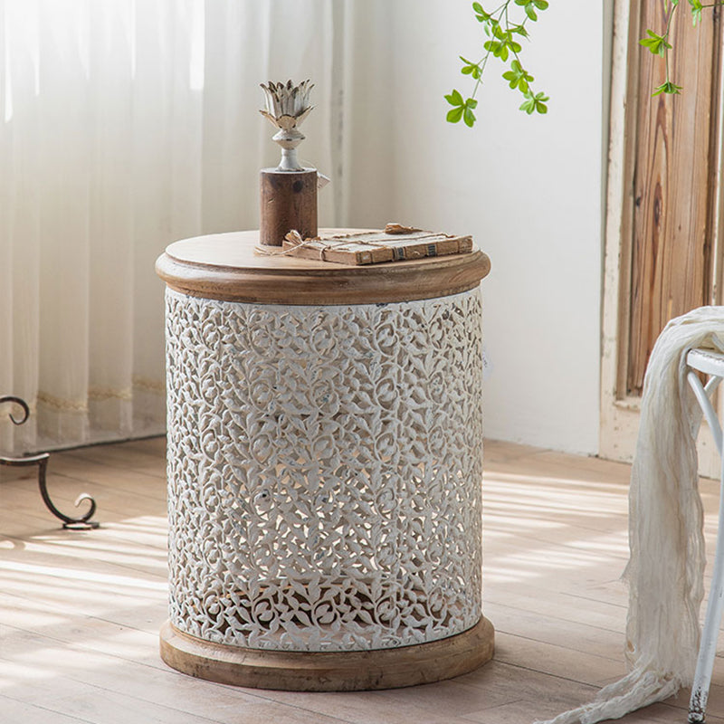 French Country Wood Round Tray Coffee Table Iron Drum Cocktail Table