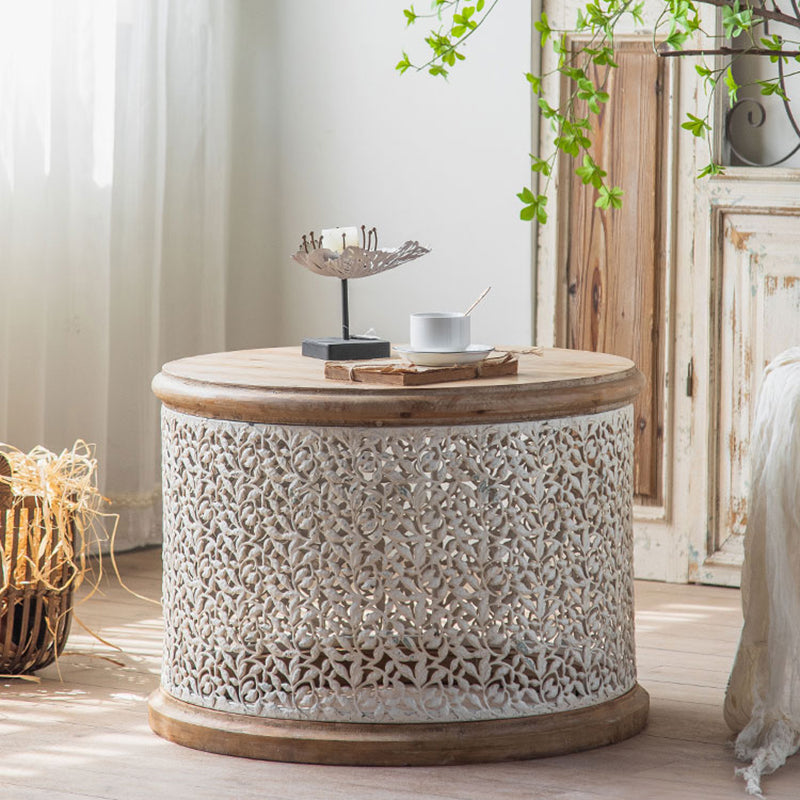 French Country Wood Round Tray Coffee Table Iron Drum Cocktail Table