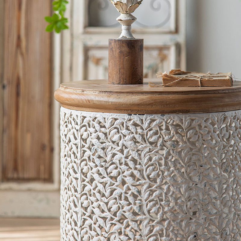 French Country Wood Round Tray Coffee Table Iron Drum Cocktail Table