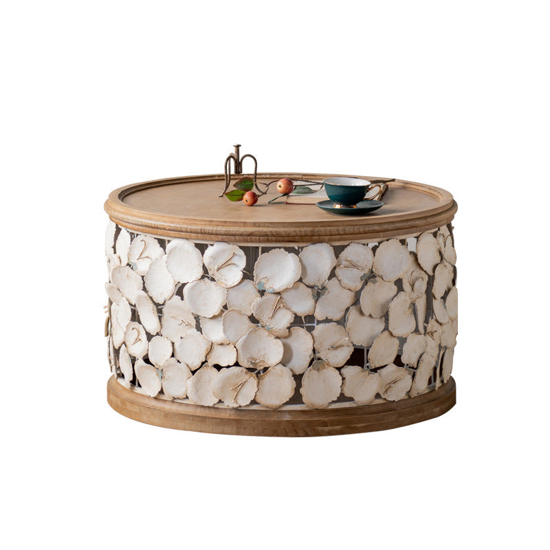 French Country Wood Round Tray Coffee Table Iron Drum Cocktail Table