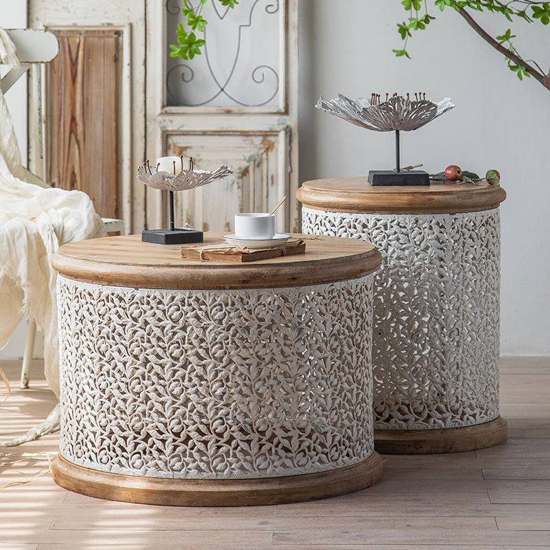 French Country Wood Round Tray Coffee Table Iron Drum Cocktail Table