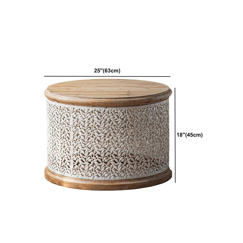 French Country Wood Round Tray Coffee Table Iron Drum Cocktail Table