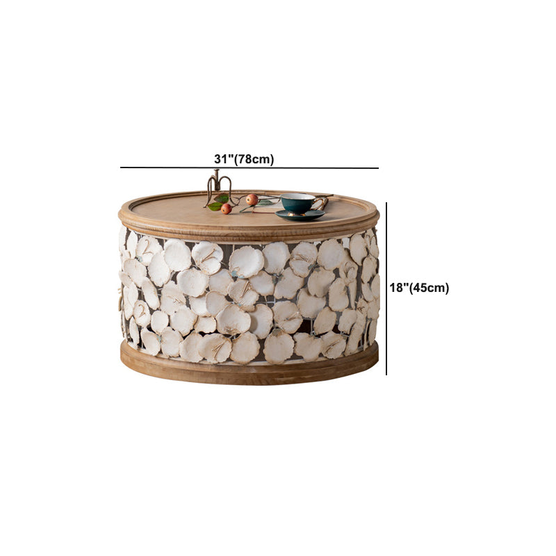 French Country Wood Round Tray Coffee Table Iron Drum Cocktail Table