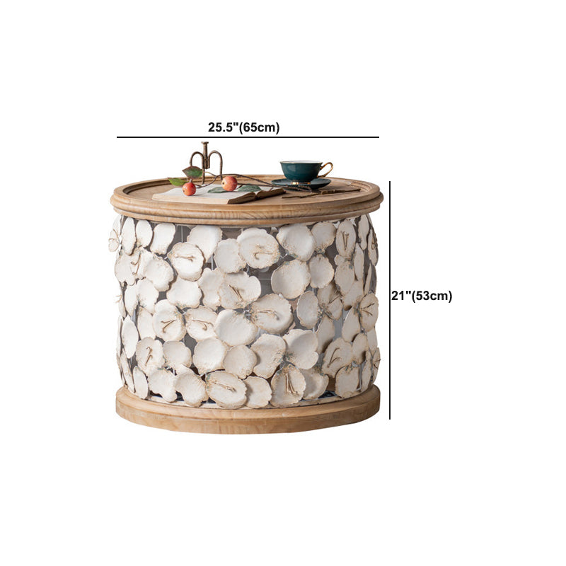 French Country Wood Round Tray Coffee Table Iron Drum Cocktail Table