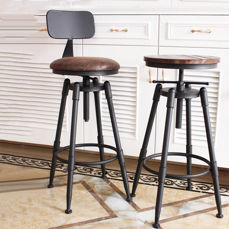Industrial Metal Barstool Low Back Faux Leather Cushion Footrest Stool with 4 Legs