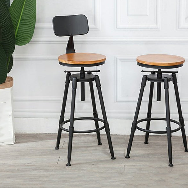 Industrial Metal Barstool Low Back Wood Footrest Adjustable Stool with Swivel