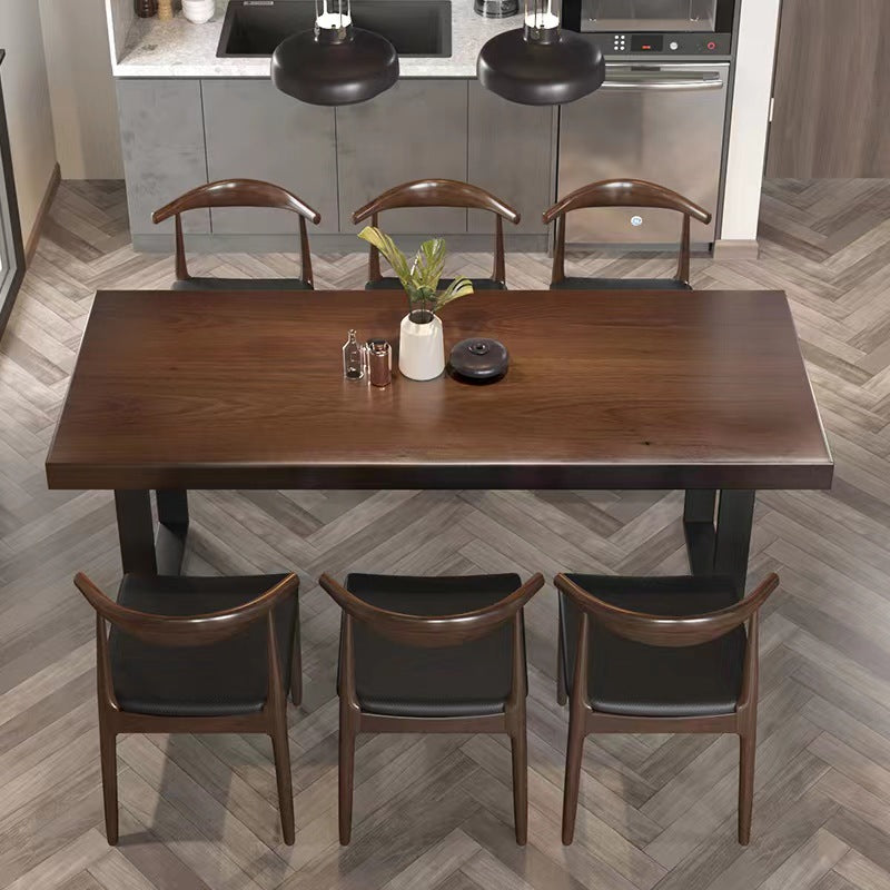 Brown Solid Wood Top Table Rectangle Black Iron Sled Base Dining Table