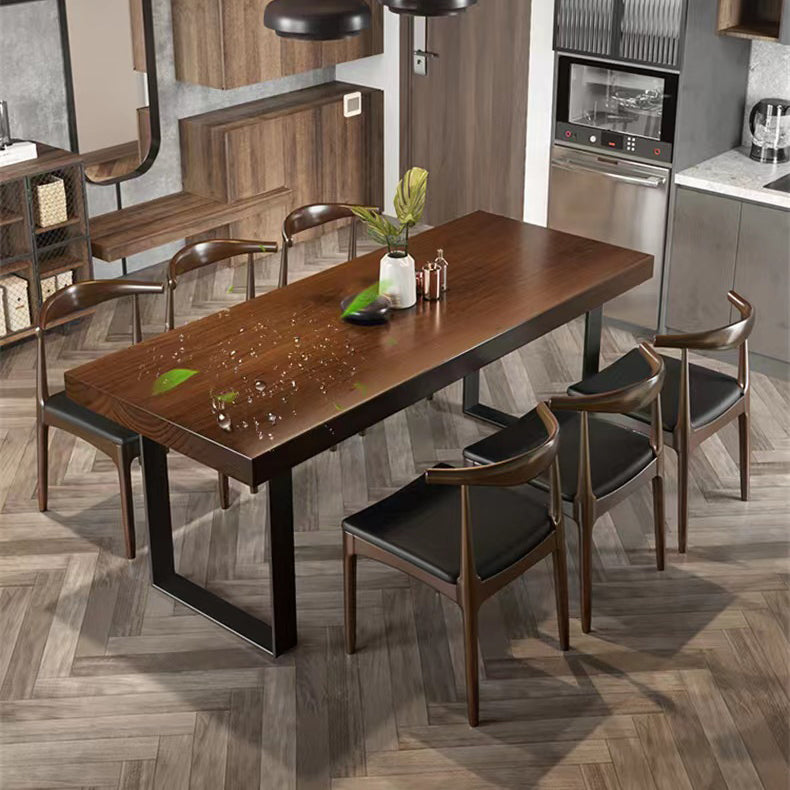 Brown Solid Wood Top Table Rectangle Black Iron Sled Base Dining Table