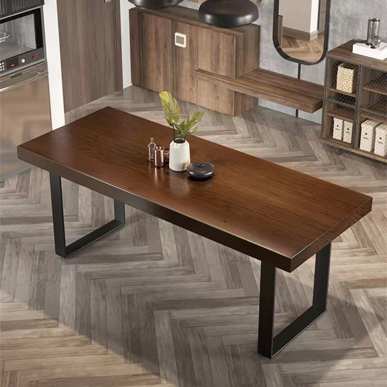 Brown Solid Wood Top Table Rectangle Black Iron Sled Base Dining Table