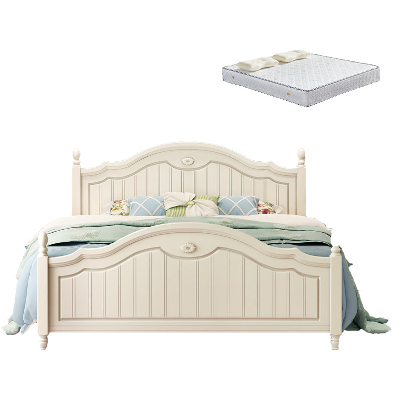 French Country Panel Bed Wood White Bed Frame with Arched Headboard