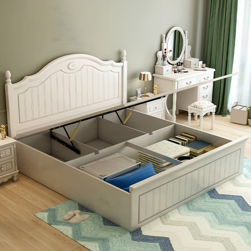 French Country Panel Bed Wood White Bed Frame with Arched Headboard