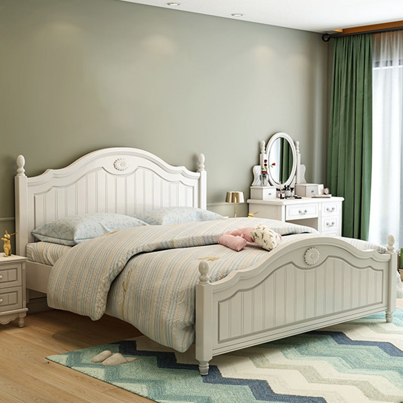 French Country Panel Bed Wood White Bed Frame with Arched Headboard