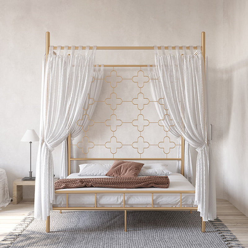 Metal Four Poster Bed with Open-Frame Headboard, Glam Standard Bed