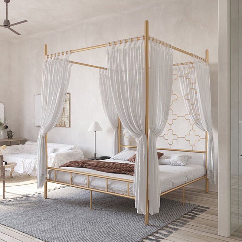 Metal Four Poster Bed with Open-Frame Headboard, Glam Standard Bed