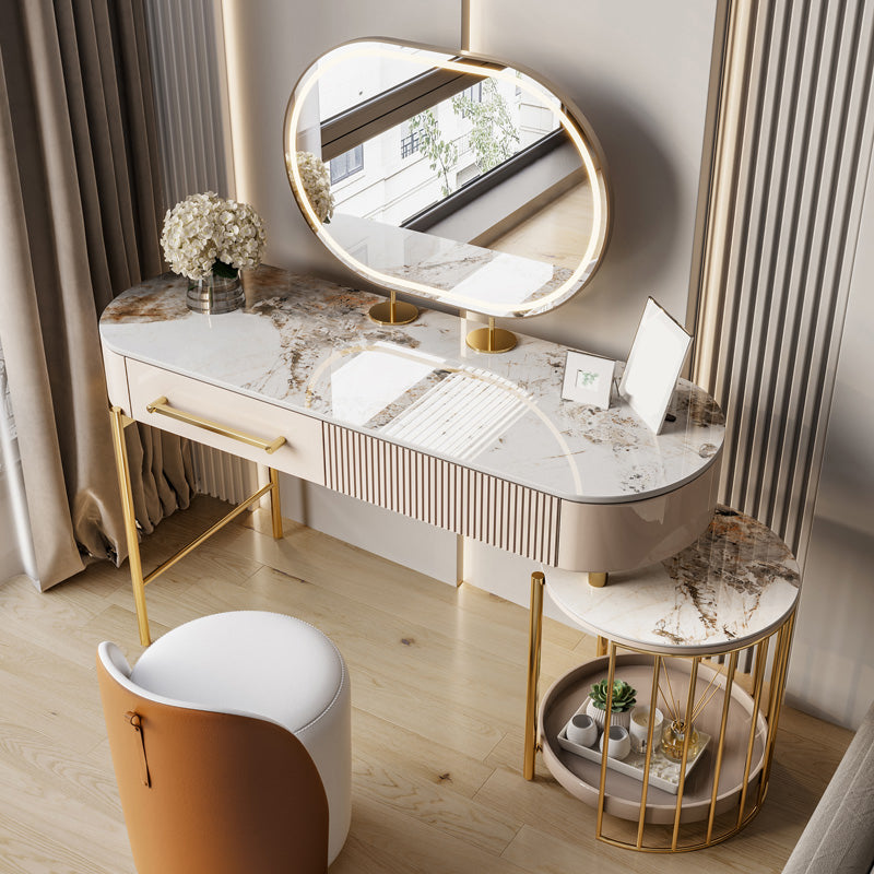 Luxurious Metal Vanity Set with Padded Stool in Beige Vanity