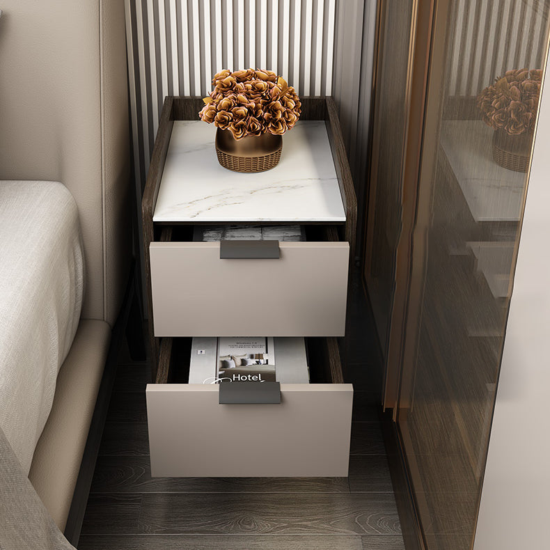 Espresso Wood and Off-White Night Table Modern Stone and Pearl Wood Bedside Cabinet