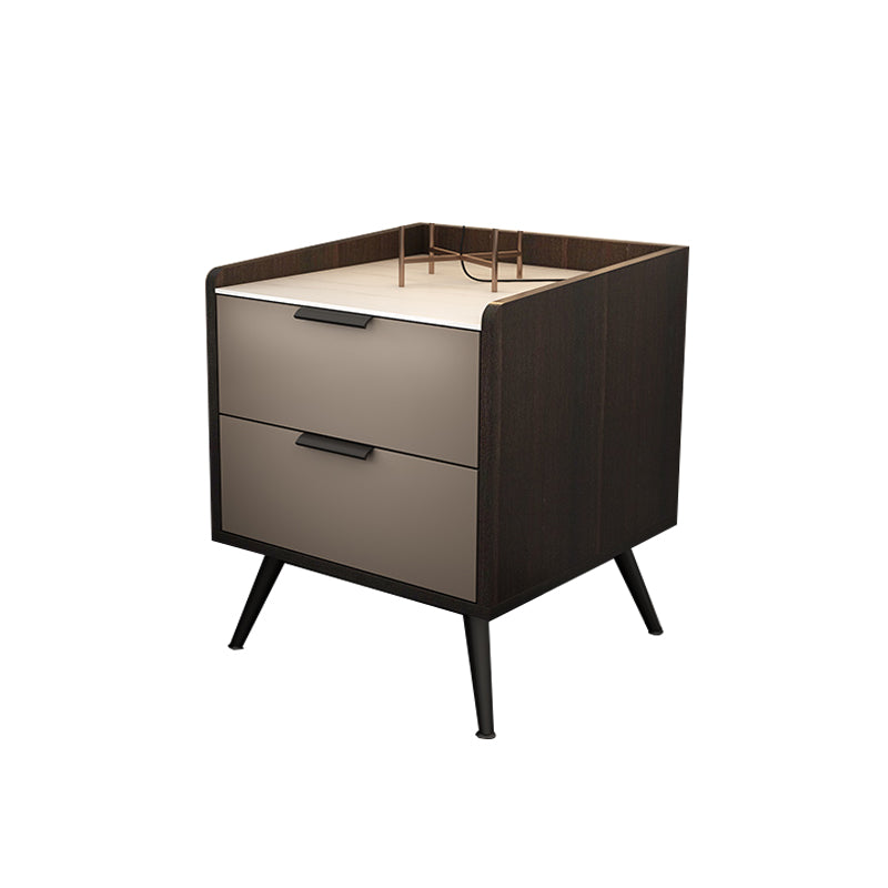 Espresso Wood and Off-White Night Table Modern Stone and Pearl Wood Bedside Cabinet