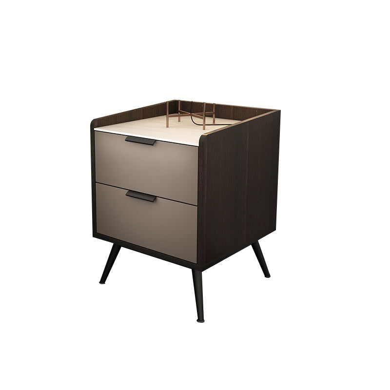 Espresso Wood and Off-White Night Table Modern Stone and Pearl Wood Bedside Cabinet