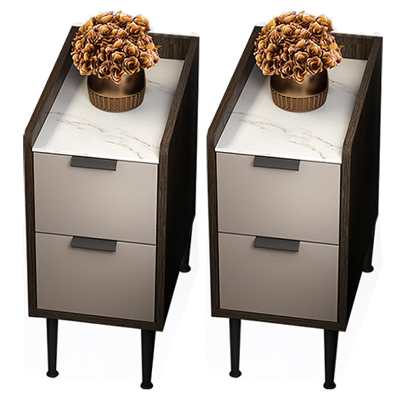 Espresso Wood and Off-White Night Table Modern Stone and Pearl Wood Bedside Cabinet