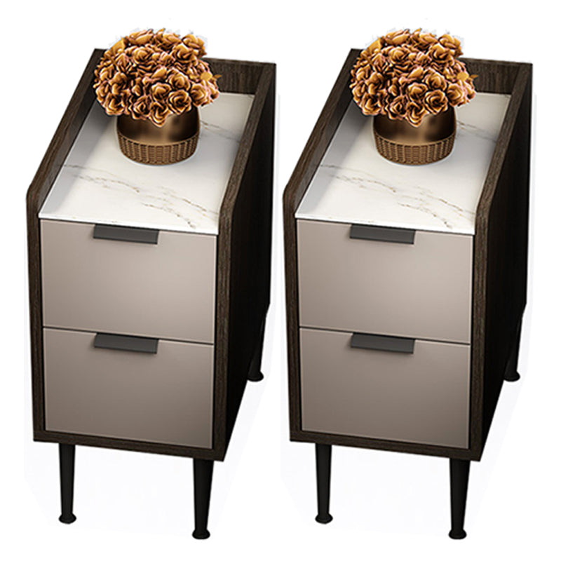 Espresso Wood and Off-White Night Table Modern Stone and Pearl Wood Bedside Cabinet