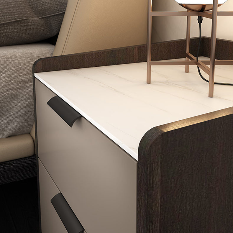 Espresso Wood and Off-White Night Table Modern Stone and Pearl Wood Bedside Cabinet