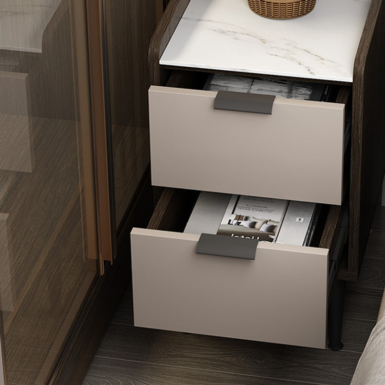 Espresso Wood and Off-White Night Table Modern Stone and Pearl Wood Bedside Cabinet